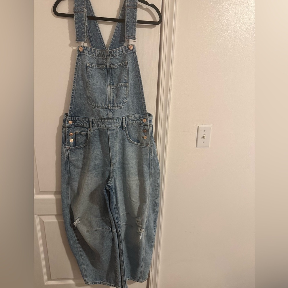 We The Free Classic Blue Denim Destroyed Barrel Overalls